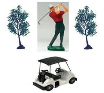Golf Kit with Golfer, Golf Cart and two Trees Caketopper A1 bakery supplies