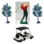 Golf Kit with Golfer, Golf Cart and two Trees Caketopper A1 bakery supplies