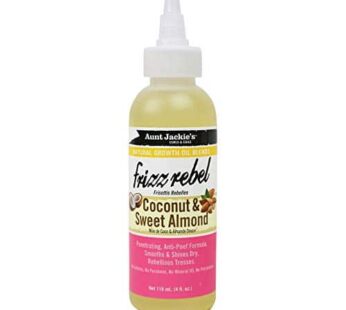 Aunt Jackie’s Natural Growth Oil Blends Frizz Rebel – Coconut and Sweet Almond, Smooths and Shines Dry, Rebellious Tresses, Anti-Poof Formula, 4 oz