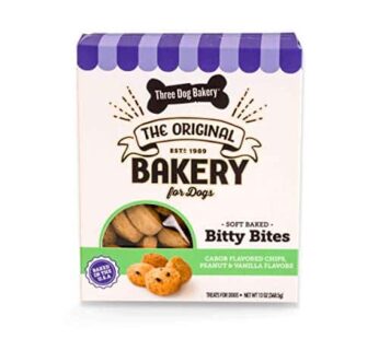 Three Dog Bakery Bitty Bites Trio Soft Baked Cookies for Dogs, Three Flavor Pack; Carob Chip, Peanut, and Vanilla, 13 Ounce Box