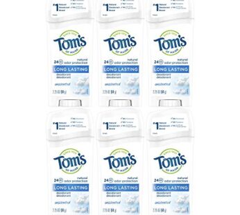 Tom’s of Maine Natural Deodorant Stick, Unscented, 2.25 Ounce, Pack of 6
