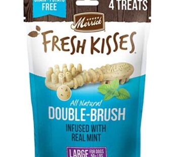 Merrick Fresh Kisses Natural Dental Chews, Toothbrush Shape Treat Infused With Real Mint, For Large Dogs – 4 ct. Bag