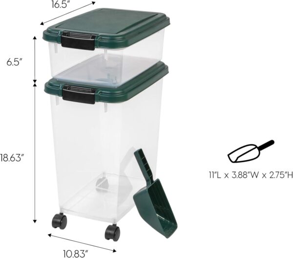 IRIS USA 30 lbs & 11 lbs Combo Airtight Dog Food Storage Container, Stackable Treat Box, 2-Cup Scoop, Wheels, Keep Fresh, Easy Mobility, Green - Image 3