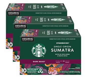 Starbucks Coffee K-Cup Pods, Single-Origin Sumatra Coffee, Dark Roast 100% Arabica Coffee, Keurig Genuine K-Cup Pods, 10 CT K-Cups/Box (Pack of 3 Boxe