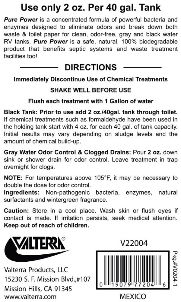 Valterra V22004 'Pure Power' Waste Digester and Odor Eliminator - 2 oz. Bottle - Image 2