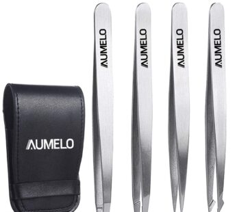 Tweezers Set 4-Piece Professional Stainless Steel Tweezers Gift with Travel Case by Aumelo – Best Precision Eyebrow and Splinter Ingrown Hair Removal