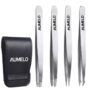 Tweezers Set 4-Piece Professional Stainless Steel Tweezers Gift with Travel Case by Aumelo - Best Precision Eyebrow and Splinter Ingrown Hair Removal