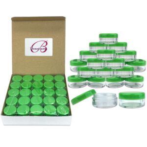 Beauticom (Quantity: 100 Pieces) 5G/5ML Round Clear Jars with GREEN Lids for Scrubs, Oils, Toner, Salves, Creams, Lotions, Makeup Samples, Lip Balms - Image 1