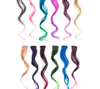 SWACC 12 Pcs Curly Wavy One Color Party Highlights Clip on in Hair Extensions Colored Hair Streak Synthetic Hairpieces (Ombre 12 Colors)