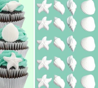 24pk Edible White Seashells and Starfish Sugar Decoration Toppers for Cakes Cupcakes Cake Pops with SeaShell Decorating Stickers