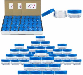 Beauticom (Quantity: 200 Pieces) 5G/5ML Round Clear Jars with Blue Lids for Scrubs, Oils, Toner, Salves, Creams, Lotions, Makeup Samples, Lip Balms