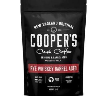 Rye Whiskey Barrel Aged Coffee, Single-Origin Ethiopian Beans Aged in Rye Whiskey Barrels, Medium Light Roast Whole Bean, 12 oz