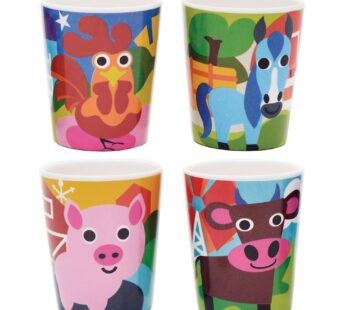 French Bull 4pc Toddler Kids Feeding Melamine Tableware Flatware BPA Free Dishwasher Safe, Durable Plate, Cup, Bowl, Divided Tray Dinnerware Set, Juic
