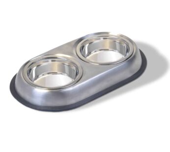 Van Ness Pets Stainless Steel Double Dish Food And Water Bowl For Cats/Small Dogs, 16 OZ, Wide No-Tip Base
