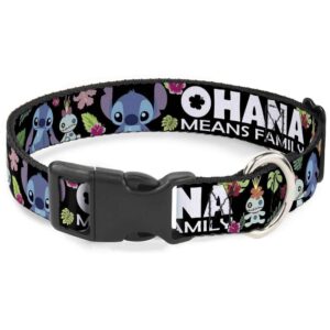 Buckle-Down Ohana Means Family/Stitch & Scrump Poses/Tropical Flora Plastic Clip Collar, Wide Large/18-32" - Image 1