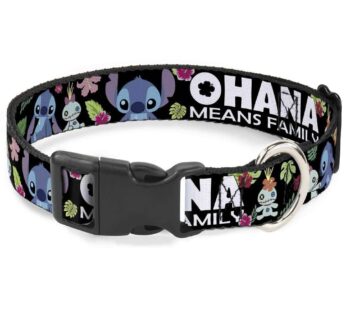 Buckle-Down Ohana Means Family/Stitch & Scrump Poses/Tropical Flora Plastic Clip Collar, Wide Large/18-32″