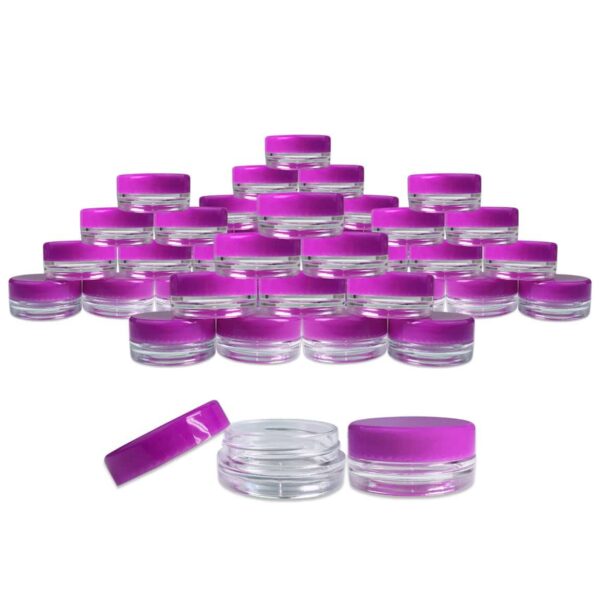 (Quantity: 50 Pieces) Beauticom 3G/3ML Round Clear Jars with PURPLE Lids for Scrubs, Oils, Toner, Salves, Creams, Lotions, Makeup Samples, Lip Balms - - Image 2