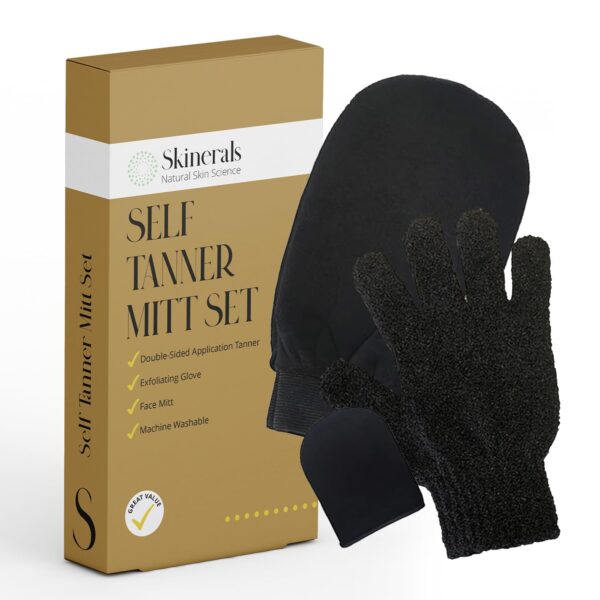 Skinerals Self Tanner Mitt Set, Ultra Soft Double-Sided Application Tanner, Exfoliating Glove and Face Mitt for the Most Even Tan, Tanning Mitt Applic