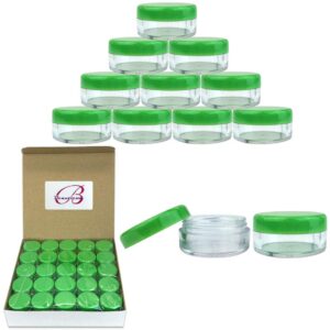 (Quantity: 50 Pieces) Beauticom 5G/5ML Round Clear Jars with GREEN Lids for Scrubs, Oils, Toner, Salves, Creams, Lotions, Makeup Samples, Lip Balms - Image 1