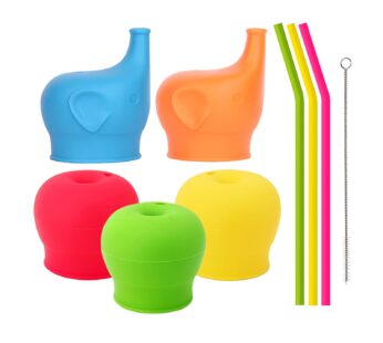 TOUGS Silicone Sippy Straw Cup Lids for Toddlers Babies (5 Pack) – Reusable, Spill-Proof – Stretches to Cover Tumblers, Yeti Rambler, Mason Jars, Cups