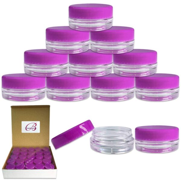 (Quantity: 50 Pieces) Beauticom 3G/3ML Round Clear Jars with PURPLE Lids for Scrubs, Oils, Toner, Salves, Creams, Lotions, Makeup Samples, Lip Balms -