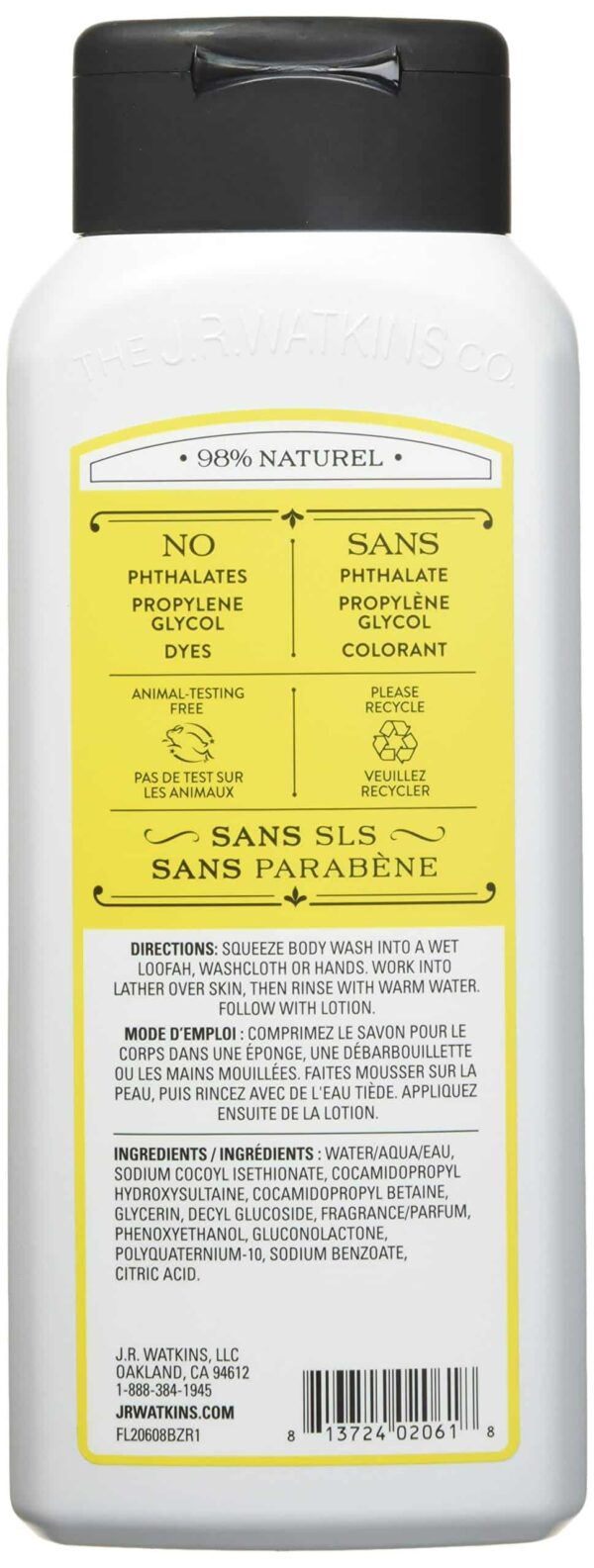 J.R. Watkins Daily Moisturizing Lemon Cream Body Wash, 18 Ounce - Image 2