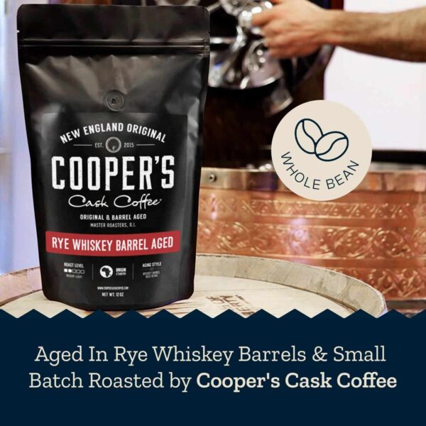 Rye Whiskey Barrel Aged Coffee, Single-Origin Ethiopian Beans Aged in Rye Whiskey Barrels, Medium Light Roast Whole Bean, 12 oz - Image 2
