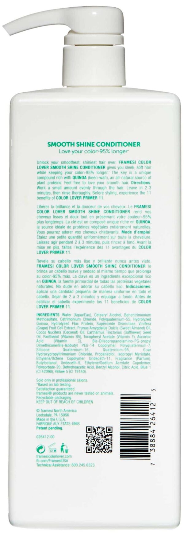 Framesi Color Lover Smooth Shine Conditioner, 33.8 fl oz, Sulfate Free Conditioner with Coconut Oil and Quinoa, Color Treated Hair - Image 2