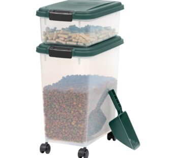 IRIS USA 30 lbs & 11 lbs Combo Airtight Dog Food Storage Container, Stackable Treat Box, 2-Cup Scoop, Wheels, Keep Fresh, Easy Mobility, Green