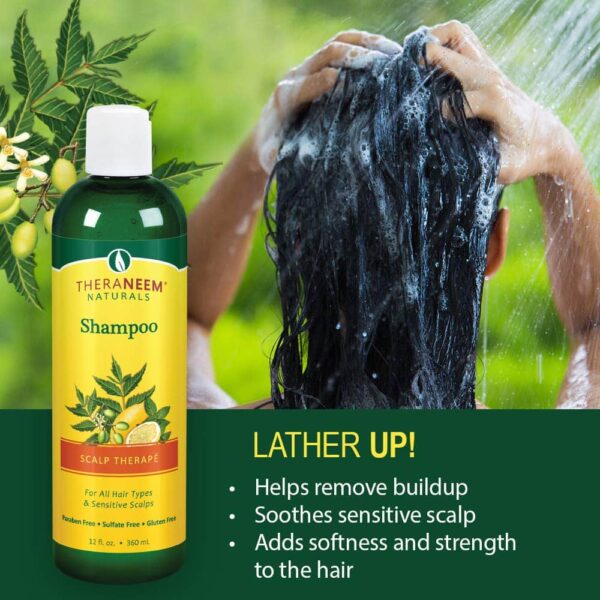 Thera Neem Scalp Therapy Shampoo, 12oz - Protects, Nourishes and Calms Sensitive Scalp with Organic Neem, Lemon and Peppermint Oils - Vegan and Cruelt - Image 2