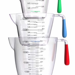 Vremi 3 Piece Plastic Measuring Cups Set - BPA Free Liquid Nesting Stackable Measuring Cups with Spout and Decorative Red Blue and Green Handles - inc - Image 1