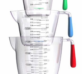 Vremi 3 Piece Plastic Measuring Cups Set – BPA Free Liquid Nesting Stackable Measuring Cups with Spout and Decorative Red Blue and Green Handles – inc