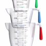 Vremi 3 Piece Plastic Measuring Cups Set - BPA Free Liquid Nesting Stackable Measuring Cups with Spout and Decorative Red Blue and Green Handles - inc