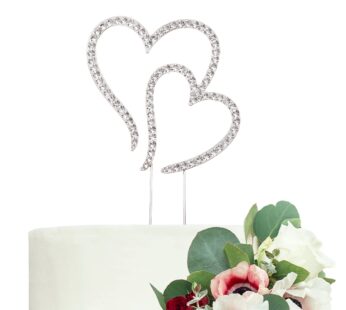 LOVENJOY Gift Boxed Two Hearts One Love Rhinestone Wedding Cake Topper Silver