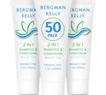 BERGMAN KELLY Travel Size Shampoo & Conditioner 2 in 1 (1 Fl Oz, 50 PK, White Tea), Delight Your Guests with Revitalizing and Refreshing Shampoo Ameni