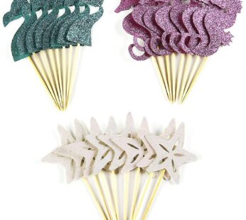 24 Pieces Mermaid Theme Glitter Cupcake Topper Cake Picks Decoration for Baby Shower Birthday Party Favors, Mermaid Tail, Seahorse and Starfish Food P