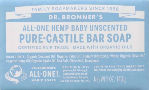 Dr. Bronners Castile Baby Unscented Bar Soap, 5 OZ