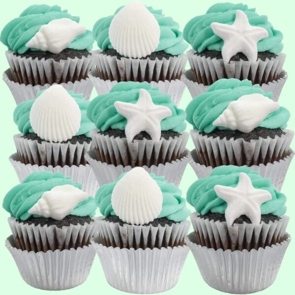 24pk Edible White Seashells and Starfish Sugar Decoration Toppers for Cakes Cupcakes Cake Pops with SeaShell Decorating Stickers - Image 6
