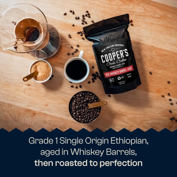 Rye Whiskey Barrel Aged Coffee, Single-Origin Ethiopian Beans Aged in Rye Whiskey Barrels, Medium Light Roast Whole Bean, 12 oz - Image 4