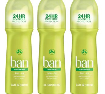 Ban Roll-On Antiperspirant Deodorant for Women and Men, Unscented, 3.5 Ounce (3 Pack)