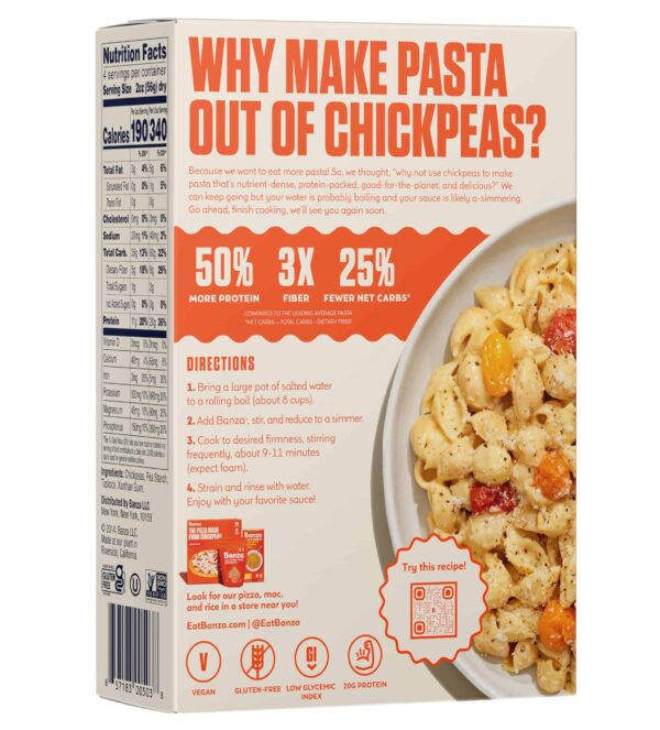 Banza Gluten-Free Chickpea Pasta, Shells 20g Protein | Lower Carb | High Fiber | High Protein | Plant Based Pasta | 8oz (Pack of 6) - Image 2