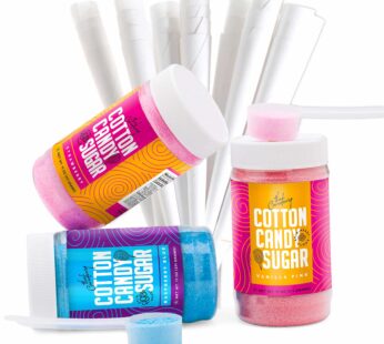 The Candery Cotton Candy Floss Sugar Raspberry Blue, Strawberry, Vanilla Pink Flavors – Includes 50 Premium Cotton Candy Cones (3-Pack 11oz with 50 Co