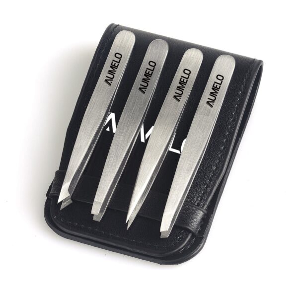Tweezers Set 4-Piece Professional Stainless Steel Tweezers Gift with Travel Case by Aumelo - Best Precision Eyebrow and Splinter Ingrown Hair Removal - Image 3