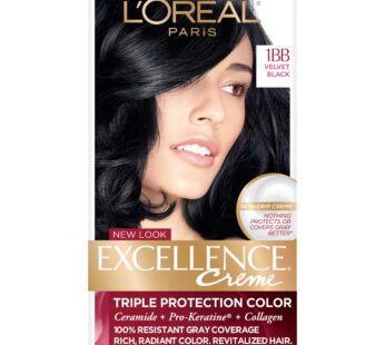 L’Oreal Paris Excellence Creme Permanent Hair Color, 1BB Velvet Black, 100 percent Gray Coverage Hair Dye, Pack of 1