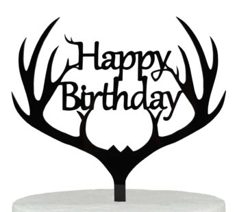 LOVENJOY Gift Boxed Antler Happy Birthday Cake Topper Black, Frosted Acrylic
