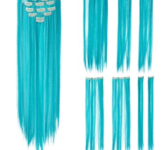 SWACC 7 Pcs Full Head Party Highlights Clip on in Hair Extensions Colored Hair Streak Synthetic Hairpieces (22-Inch Straight, Teal Blue)