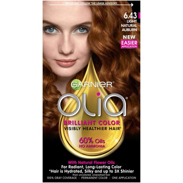 Garnier Olia Ammonia Free Permanent Hair Color, 100% Gray Coverage (Packaging May Vary), 6.43 Light Natural Auburn, Red Hair Dye, Pack of 1