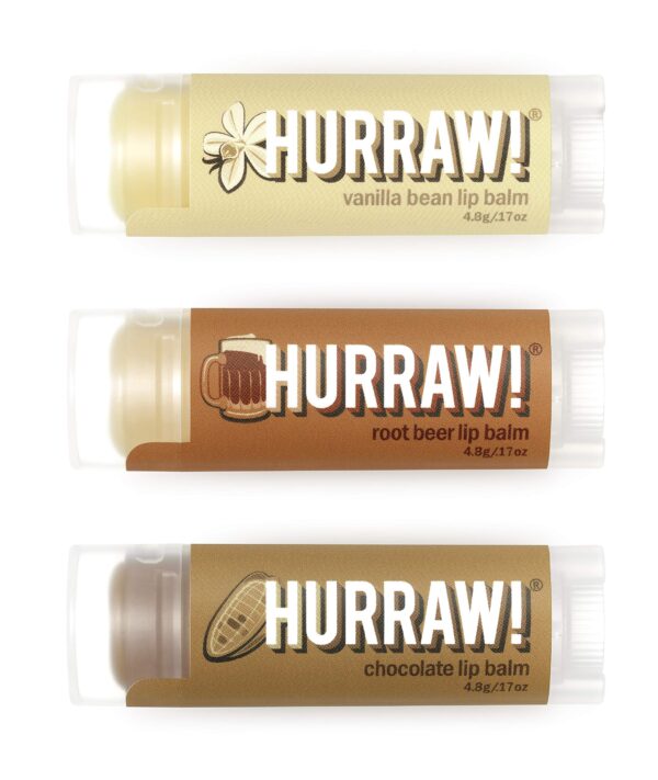 Hurraw! Vanilla Bean, Root Beer, Chocolate Lip Balms, 3 Pack Bundle: Organic, Certified Vegan, Cruelty and Gluten Free. Non-GMO, 100% Natural Ingredie