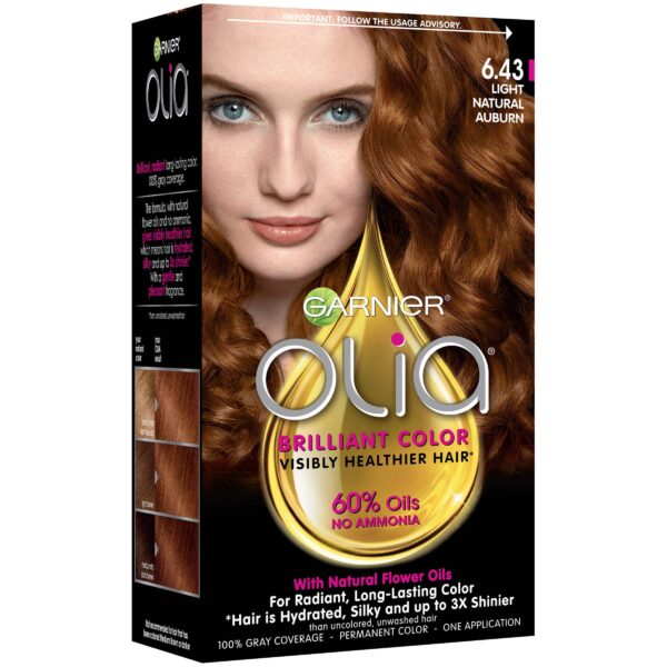 Garnier Olia Ammonia Free Permanent Hair Color, 100% Gray Coverage (Packaging May Vary), 6.43 Light Natural Auburn, Red Hair Dye, Pack of 1 - Image 3