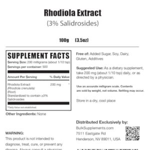 BulkSupplements.com Rhodiola Extract Powder - 3% Salidrosides, Rhodiola Crenualata Extract - Herbal Supplement, Gluten Free, 200mg per Serving, 100g (3.5 oz) (Pack of 1) - Image 2